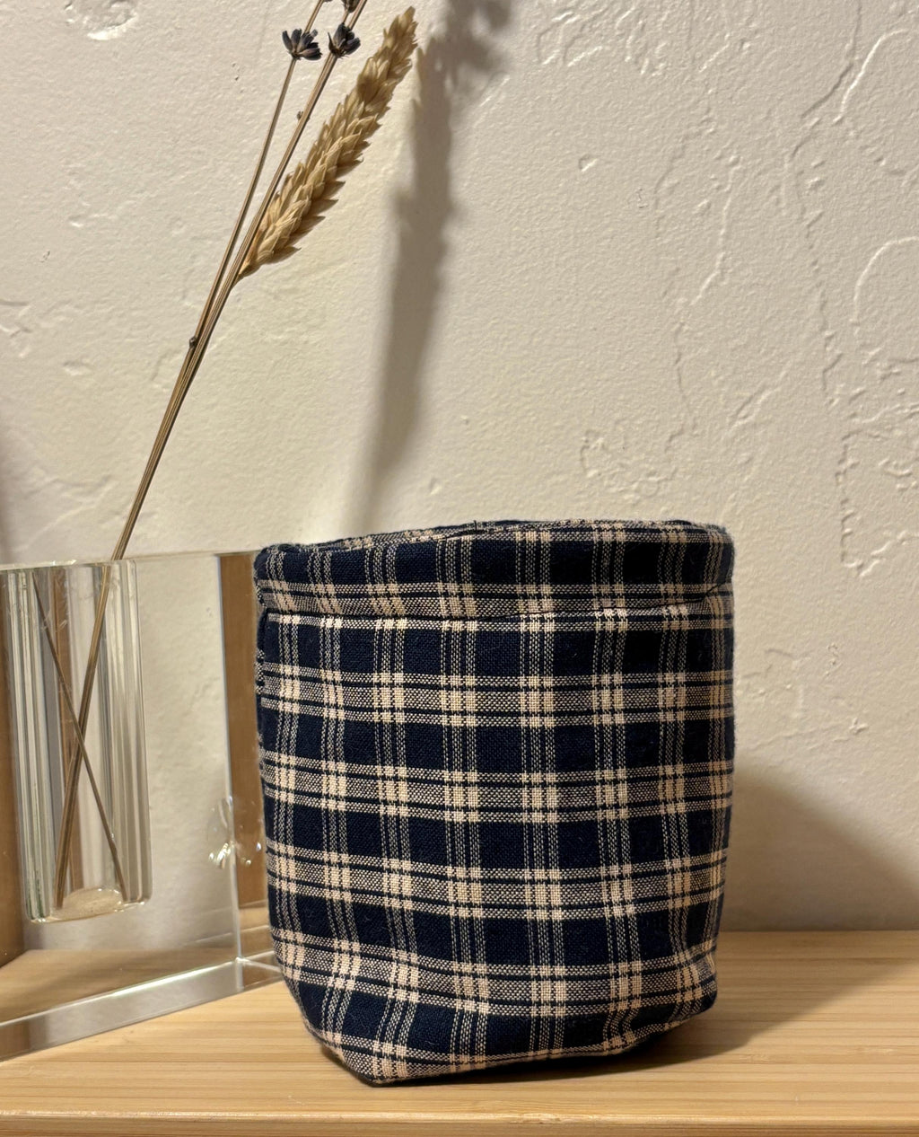 Navy Blue Plaid Coffee Cozy | Handmade Reusable Insulated Cup Sleeve for 16oz To Go Cups & Mason Jars