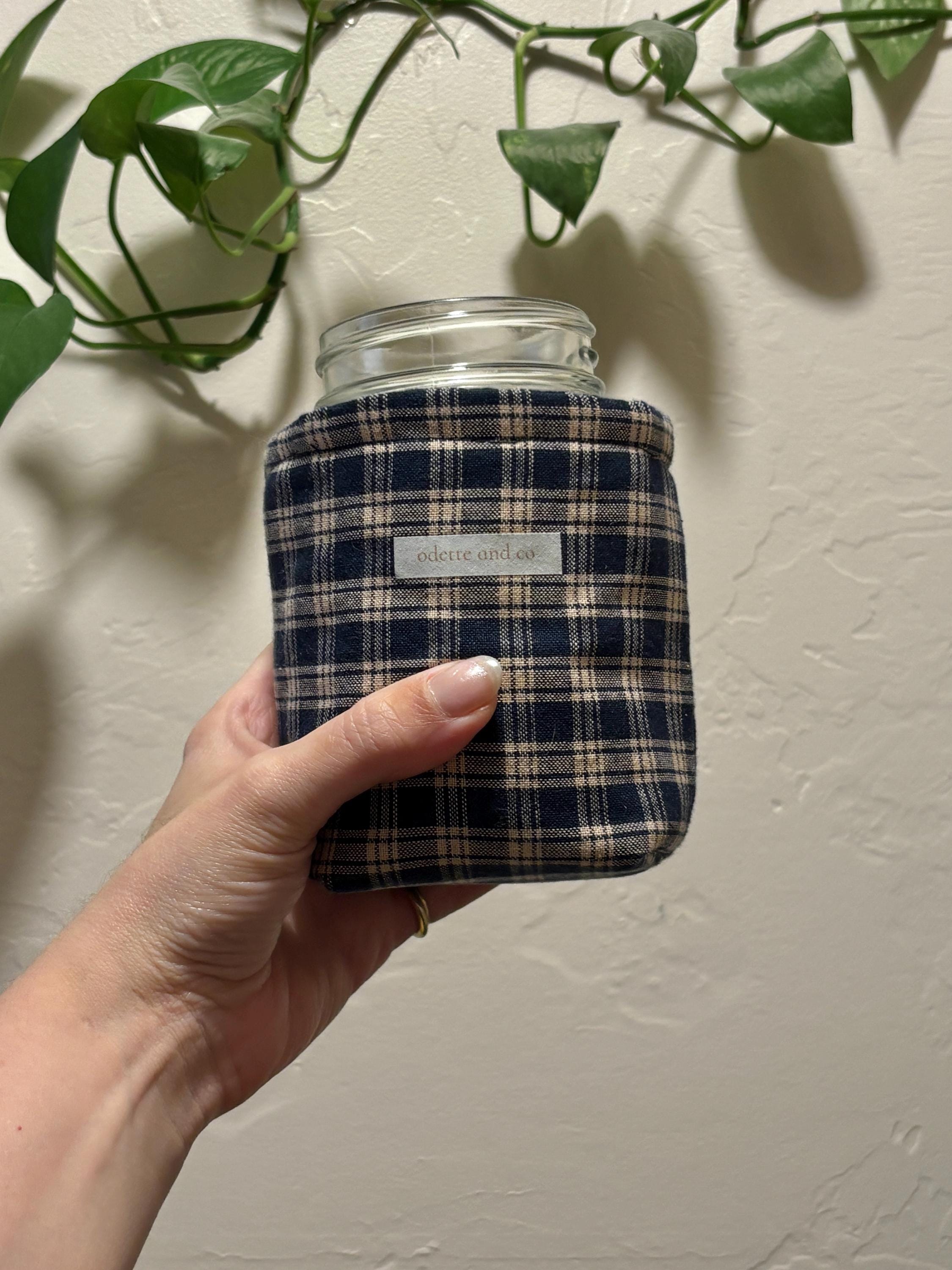 Navy Blue Plaid Coffee Cozy | Handmade Reusable Insulated Cup Sleeve for 16oz To Go Cups & Mason Jars