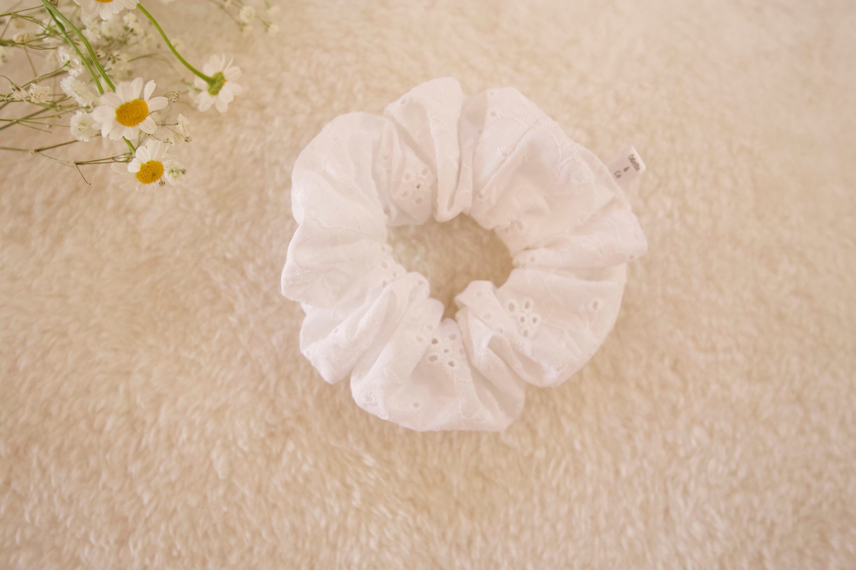 White Eyelet Scrunchie, Handmade Cotton Hair Tie