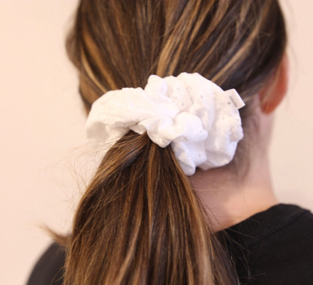 White Eyelet Scrunchie, Handmade Cotton Hair Tie