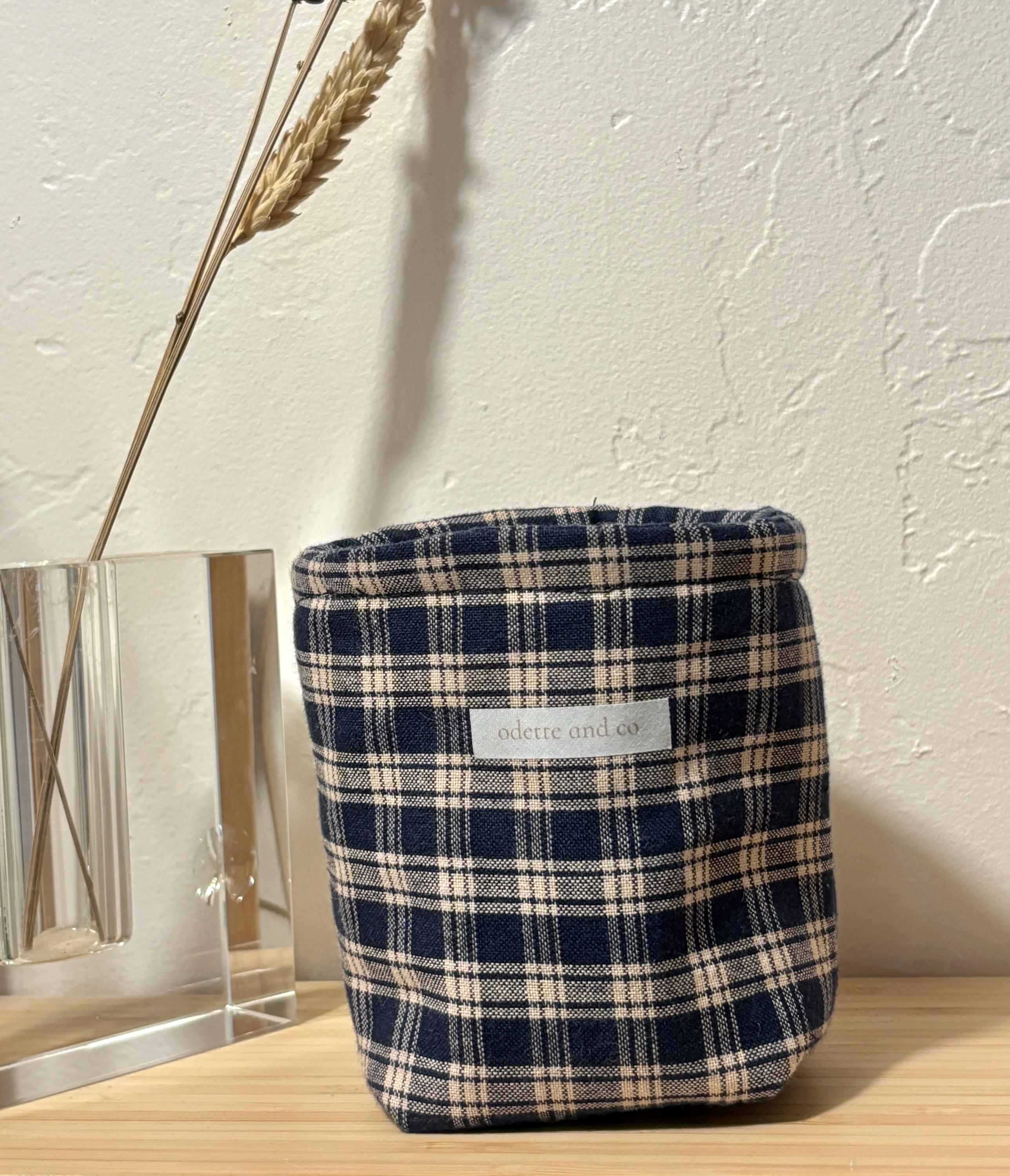 Navy Blue Plaid Coffee Cozy | Handmade Reusable Insulated Cup Sleeve for 16oz To Go Cups & Mason Jars