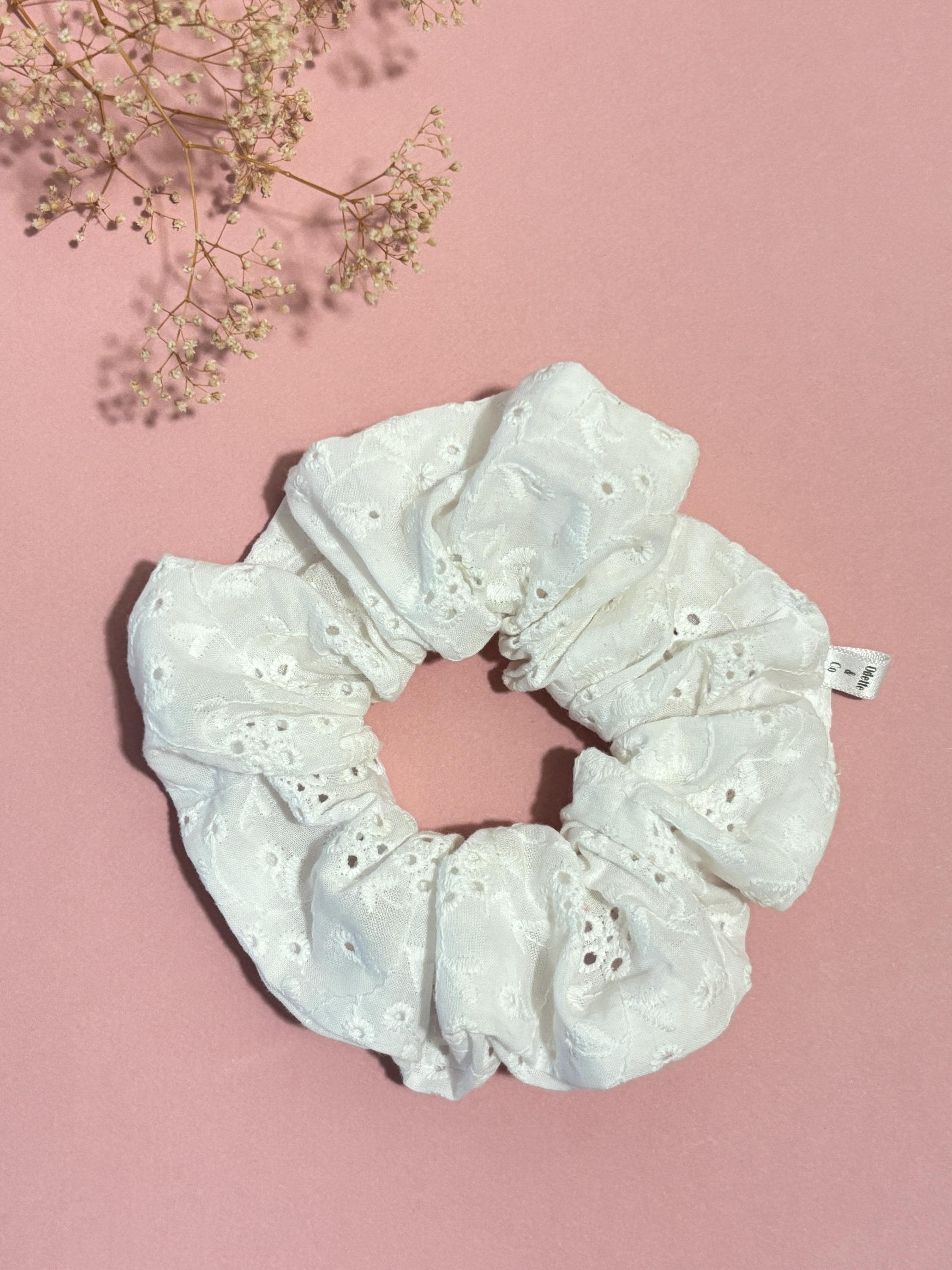 White Eyelet Scrunchie, Handmade Cotton Hair Tie