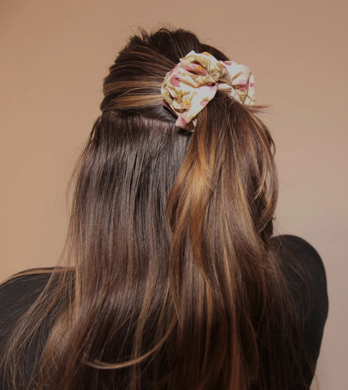 close up image, half-up half-down hairstyle wearing lovely lavender satin scrunchie 