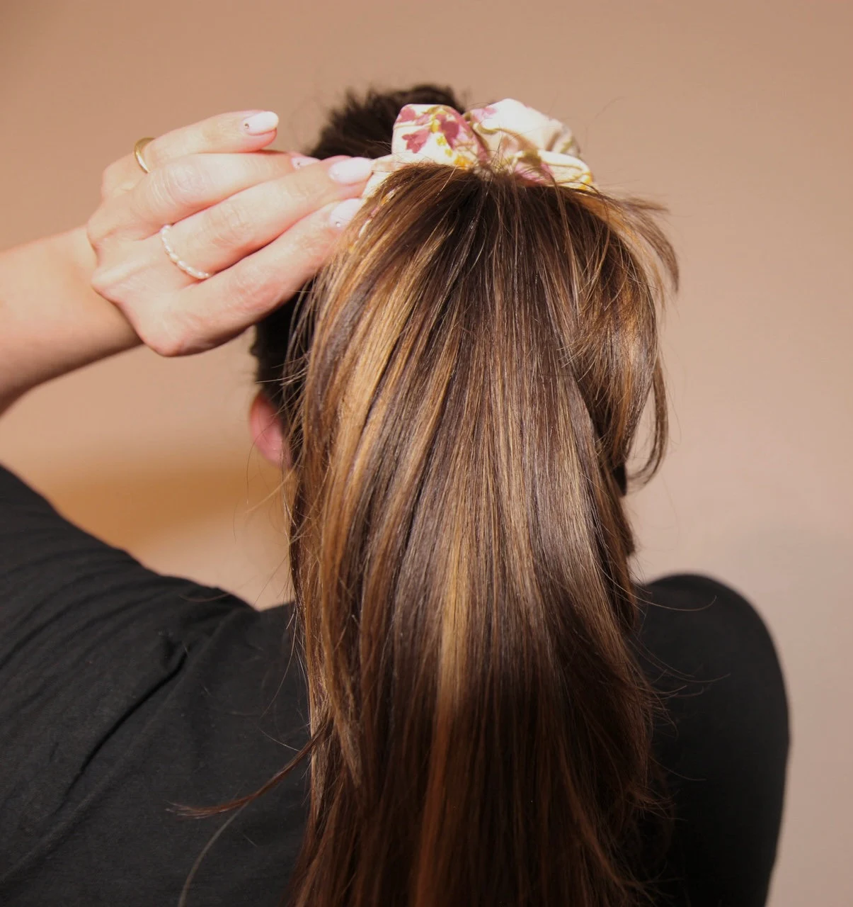 close up image, high ponytail featuring lovely lavender satin scrunchie